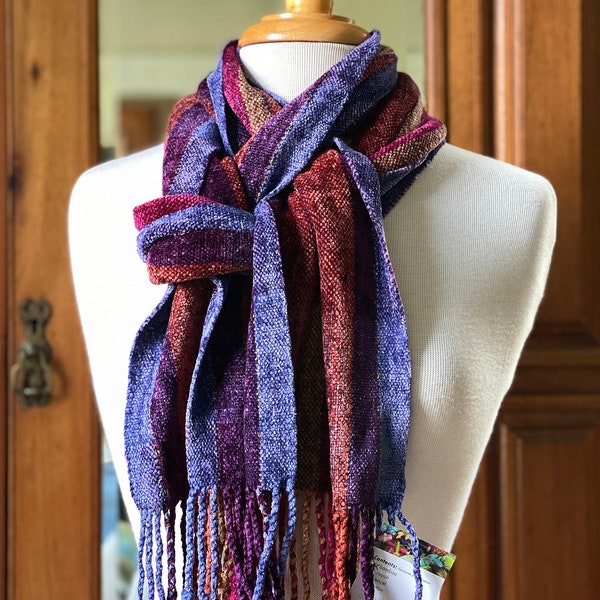 Handwoven Rainbow Chenille Scarf. Hand Dyed Organic Bamboo Yarn. Twisted fringes. Super Soft. Hypoallergenic. Casual or Dress Up.