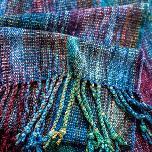 Chenille Scarf in Jewel Toned Multicolored Yarn, Handwoven Organic Bamboo. Fringed Vegan Scarf. Warm and Cozy. Hand dyed yarn. Winter Scarf.