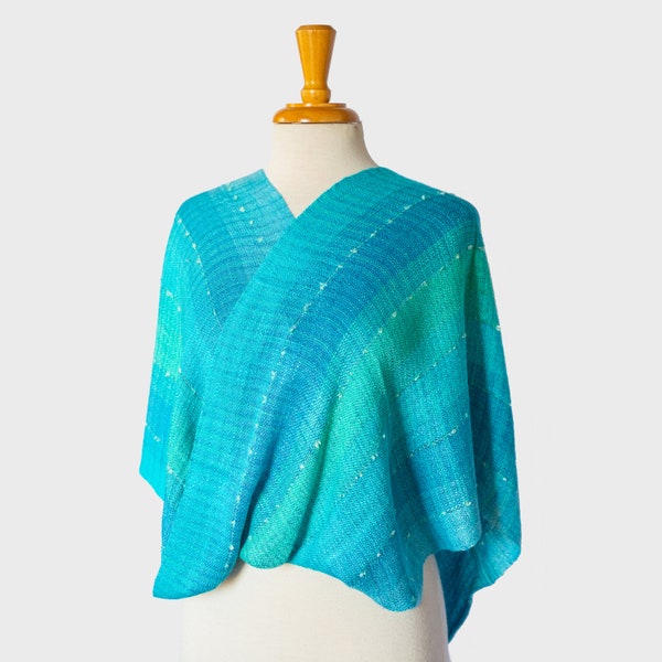 Mobius Shawl Handwoven and Hand dyed in Ocean Tones of Turquoise and Aquamarine, Rayon, vegan yarn.  Super versatile and soft.  Hand wash.