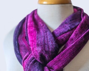 Handwoven Chenille Infinity Scarf in Purple and Fuchsia. Jewel Tones. Hand dyed Organic Bamboo Chenille. Super Soft and Easy to Wear.