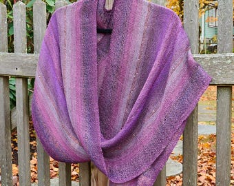 Lavender Garden Mobius Shawl - Handwoven Infinity Wrap in Lilac, Lavender, and Purple with Sequin Accents. Vegan Fiber Scarf. Hand washable.