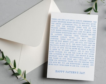 May include: A white Father's Day card with blue text inside an off-white envelope. The card features a heartfelt message about cherished memories and is addressed to a father. The words "Happy Father's Day" are at the bottom.