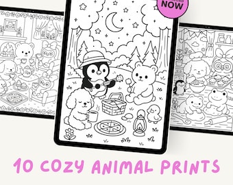 Cute Cozy Animal Coloring Book for Adults - Printable Self Care & Stress Relief PDF - Digital Kawaii Coloring Pages for Anxiety