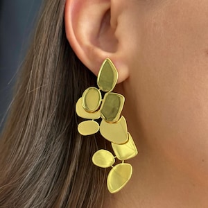 Gold Abstract Petal Drop Earrings  Modern Sculptural Statement Jewelry Cascading Organic Shapes, Elegant Gift for Her