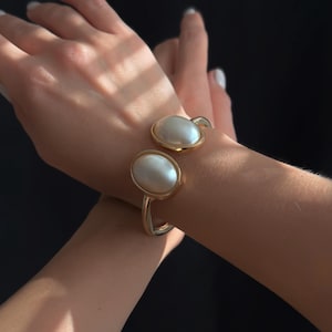 Gold Pearl Cuff Bracelet | Statement Bridal Jewelry | Modern Open Cuff | Elegant Minimalist Bangle | Gift for Her
