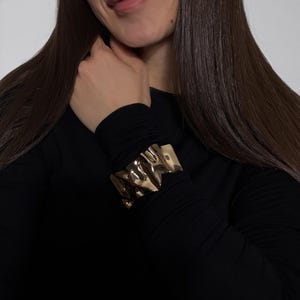 Sculptural Gold Tone Cuff Bracelet: Chunky Statement Bangle