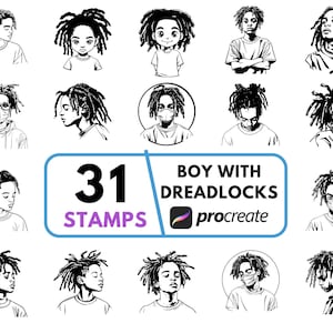 May include: A collection of 31 black and white stamps featuring illustrations of a boy with dreadlocks. The stamps are in various poses and styles, with some wearing masks. The text "BOY WITH DREADLOCKS" and "31 STAMPS" are included.