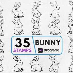 May include: A set of 35 bunny stamps in black and white line art. The image features different rabbit poses, with the text "35 STAMPS BUNNY Procreate" in a blue and white rectangular frame.