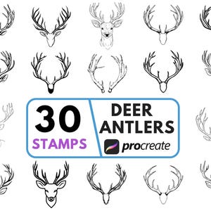 May include: A collection of 30 deer antler stamps in various styles, perfect for digital art. The image includes detailed illustrations of deer antlers and deer heads, with the word "Deer Antlers" and "Procreate" in the center.
