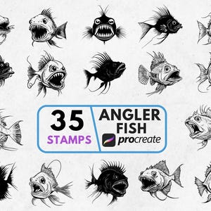 May include: A collection of 35 angler fish stamps for Procreate. The illustrations are in black and white, showcasing various stylized angler fish with open mouths and sharp teeth. The text "35 STAMPS ANGLER FISH Procreate" is included.