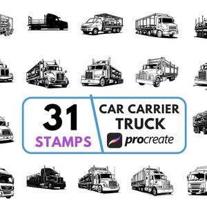 May include: Black and white illustrations of various car carrier trucks. The image includes 31 stamps of different truck designs, with the text "31 STAMPS CAR CARRIER TRUCK procreate".