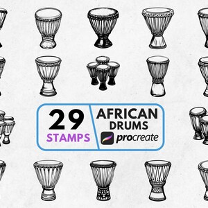 May include: A set of 29 African drum stamps in black and white. The drums are depicted in various sizes and styles, with detailed line art. The image includes the text "29 STAMPS AFRICAN DRUMS procreate".