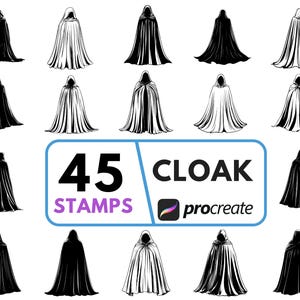 Puede incluir: Ilustración digital con 45 sellos de capa en blanco y negro. Incluye el texto "45 STAMPS CLOAK Procreate". Las capas con capucha presentan diseños fluidos, ideales para proyectos de arte digital.