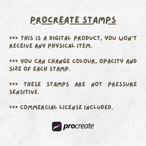 May include: Digital product advertisement for Procreate stamps. The text states that it is a digital product, and you won't receive a physical item. You can change the color, opacity, and size of each stamp. Commercial license included.