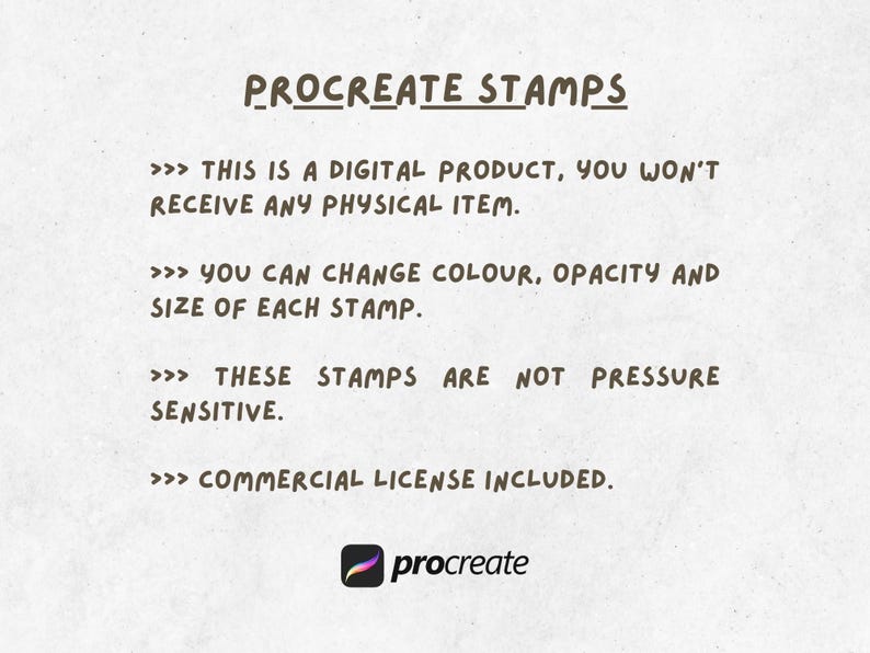 May include: Digital product advertisement for Procreate stamps. The text states that it is a digital product, and you won't receive a physical item. You can change the color, opacity, and size of each stamp. Commercial license included.