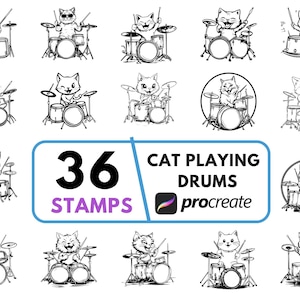 May include: A collection of black and white illustrations featuring cats playing drums. The image displays 36 stamps with different cat designs, drum kits, and the text "CAT PLAYING DRUMS" and "36 STAMPS" with the Procreate logo.