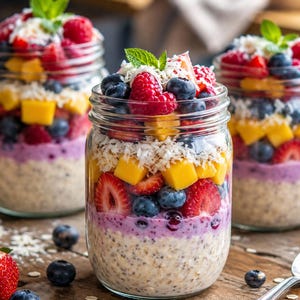 May include: Three glass jars filled with layered overnight oats, featuring a base of creamy oatmeal, a middle layer of purple berry puree, and top layers of diced yellow mango, sliced strawberries, blueberries, raspberries, and shredded coconut.