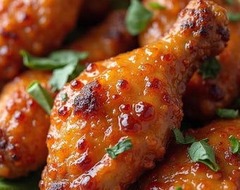 May include: Close-up of a plate of glazed chicken drumsticks. The chicken has a glossy, orange-brown glaze with dark, crispy spots. Garnished with fresh green herbs, the drumsticks rest on a bed of lettuce, creating a visually appealing dish.