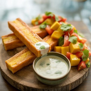 Panisse com salada de manga, tomate e molho de ervas | Receita de batata frita crocante de grão-de-bico por Joulia.