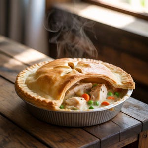 Può includere: Una torta di pollo appena sfornata in una teglia d'argento, con una crosta dorata e friabile. Il ripieno è visibile, con pezzi di pollo, piselli e carote. Il vapore sale dalla torta.