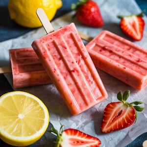 Erdbeer-Limonaden-Eis am Stiel Rezept | Erfrischender Sommer gefrorener Leckerbissen | Einfaches Fruchtdessert | Druckbare PDF-Download für alle Altersgruppen.