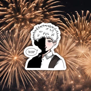 May include: A sticker featuring an anime-style character with half of their face in shadow. The character has white hair and a blush. A speech bubble says "I'm crazy for you." The background is a fireworks display.