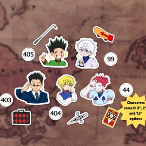May include: A collection of colorful anime character stickers, including Gon, Killua, and Hisoka, with various accessories. The stickers come in 3", 2", and 1.5" options. The background is a map.