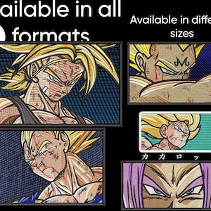 Op de afbeelding: Geborduurde patches met anime-personages in verschillende formaten en maten. De patches tonen gedetailleerde kunstwerken van personages met stekelig geel haar, gevechtswonden en intense uitdrukkingen. De tekst op de afbeelding luidt "Verkrijgbaar in alle formaten" en "Verkrijgbaar in verschillende maten."