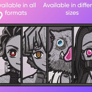 Puede incluir: Parche bordado con cuatro retratos de personajes de anime en blanco y negro, cada uno con colores de ojos únicos. El parche rectangular tiene un borde negro. El texto en la parte superior dice "Disponible en los 9 formatos" y "Disponible en diferentes tamaños."