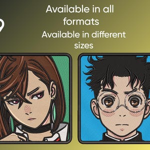Könnte beinhalten: Zwei gestickte Aufnäher mit Anime-Porträts. Einer zeigt eine Frau mit braunen Haaren, einem schwarzen Halsband und grünen Ohrringen. Der andere zeigt einen Mann mit schwarzen Haaren und runden Brillen. Der Text oben lautet "In allen Formaten verfügbar" und "In verschiedenen Größen verfügbar."
