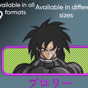 May include: Embroidered image of a character with spiky black hair, set within a purple-bordered rectangle with a green background. The image includes Japanese text and the phrases "Available in all 9 formats" and "Available in different sizes".