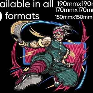 Puede incluir: Parche bordado con un personaje de anime dinámico en pose de lucha, empuñando un arma. El personaje viste atuendo verde y granate, con una diadema blanca. El diseño incluye el texto: "Available in all 9 formats" y opciones de tamaño: 190mm, 170mm y 150mm.