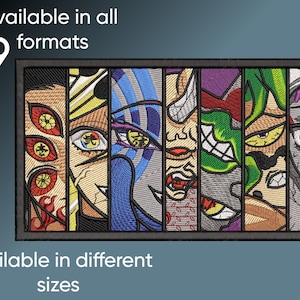 Puede incluir: Obra de arte bordada con nueve paneles segmentados, cada uno mostrando un diseño de personaje único y colorido. La obra está enmarcada en negro, con el texto "Available in all 9 formats" y "Available in different sizes."