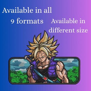 Puede incluir: Parche bordado con un personaje de anime musculoso con cabello rubio puntiagudo, que lleva una chaqueta morada y sostiene una espada. El parche tiene un fondo de paisaje y el texto "Available in all 9 formats Available in different size."