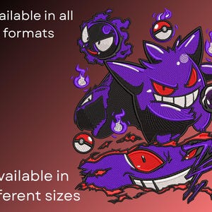 May include: Embroidered design featuring purple and black cartoon characters with red eyes and white teeth, surrounded by flames and Pokeball graphics. Text reads "Available in all formats" and "Available in different sizes".