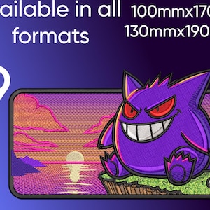 May include: Embroidered patch featuring a purple cartoon character with red eyes and a wide grin, set against a sunset scene. The patch is available in all formats, including 100mm x 170mm and 130mm x 190mm.
