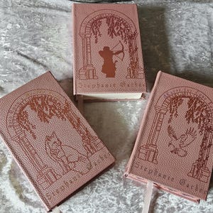 Könnte beinhalten: Drei rosa Hardcover-Bücher mit geprägten Illustrationen. Ein Buch zeigt einen Bogenschützen, ein anderes einen Fuchs und das dritte einen Vogel. Auf jedem Buch steht der Name "Stephanie Garber".