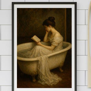 Vintage Woman Reading Wall Art Print, Victorian Lady Digital Download, Classical Oil Painting Style, Romantic Antique Home Decor
