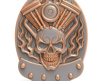 Biker Skull STL File Engine STL File CNC Router Files 3D Print File - Motorcycle Flame Wall Art Piston Skull 3D Relief Carving Garage Plaque