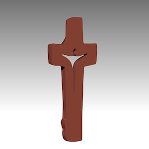 May include: A brown, stylized cross with a cut-out design in the center. The cross has a simple, modern aesthetic, with a smooth, matte finish. The background is a gradient of gray and white.