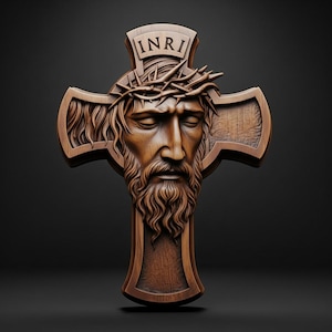 May include: A detailed wooden cross featuring a carved depiction of Jesus wearing a crown of thorns. The word "INRI" is inscribed above the head. The cross has a dark brown finish and is set against a dark background.