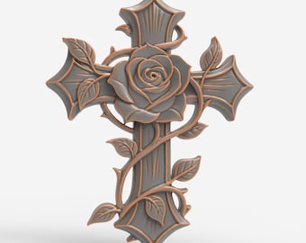 Rose Cross Relief 3D Model Floral Gothic Cross Design for CNC Laser Engraving Router Carving Elegant Christian Wall Art Memorial Piece