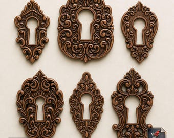 Set Vintage Ornate Keyhole STL File Floral Baroque Furniture Key Plate Appliques Set Files For Repair Restoration 6x Digital Download