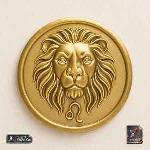Medallón del signo zodiacal Leo STL – Placa redonda con cabeza de león en alto relieve para impresión 3D CNC. Archivo digital del signo de fuego astrológico.