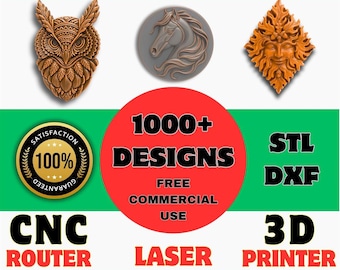 May include: Image features a "MEGA BUNDLE PACK" with 3D designs. Includes an owl, horse, and face relief carvings. Text includes "1000+ DESIGNS", "FREE COMMERCIAL USE", and "CNC ROUTER", "LASER", "3D PRINTER", "UNLIMITED ACCESS".