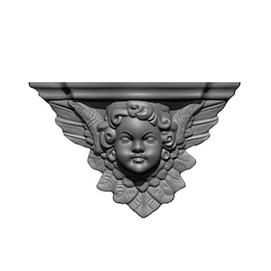 以下が含まれることがあります： 詳細な翼と装飾的な棚を備えた、灰色のケルビムの壁掛け。ケルビムの顔は穏やかな表情をしており、壁に取り付けるように設計されています。この建築要素は、クラシックな雰囲気を添えます。