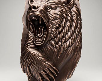 Fierce Grizzly Bear STL File Relief Wall Sculpture Roaring Animal Head with Claw Wild Nature 3D Printing Wall Art