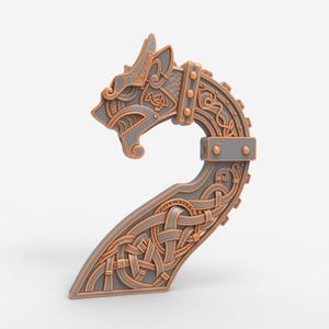 May include: A grey and copper-coloured Viking ship prow ornament. The ornament features intricate knotwork and a stylised animal head. The design includes rivets and decorative patterns, showcasing a blend of historical and artistic elements.