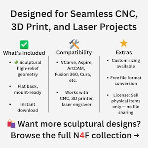 May include: White graphic with text: "Designed for Seamless CNC, 3D Print, and Laser Projects." Includes sculptural geometry, flat back, and instant download. Compatible with VCarve, Aspire, ArtCAM, and more. Extras include custom sizing and free file format conversion.