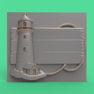 May include: A gray, three-dimensional relief sculpture featuring a lighthouse, a small building, and a blank wooden sign. A rope border surrounds the sign. The lighthouse has a detailed design with windows and a light at the top. The sculpture is set against a gray background.